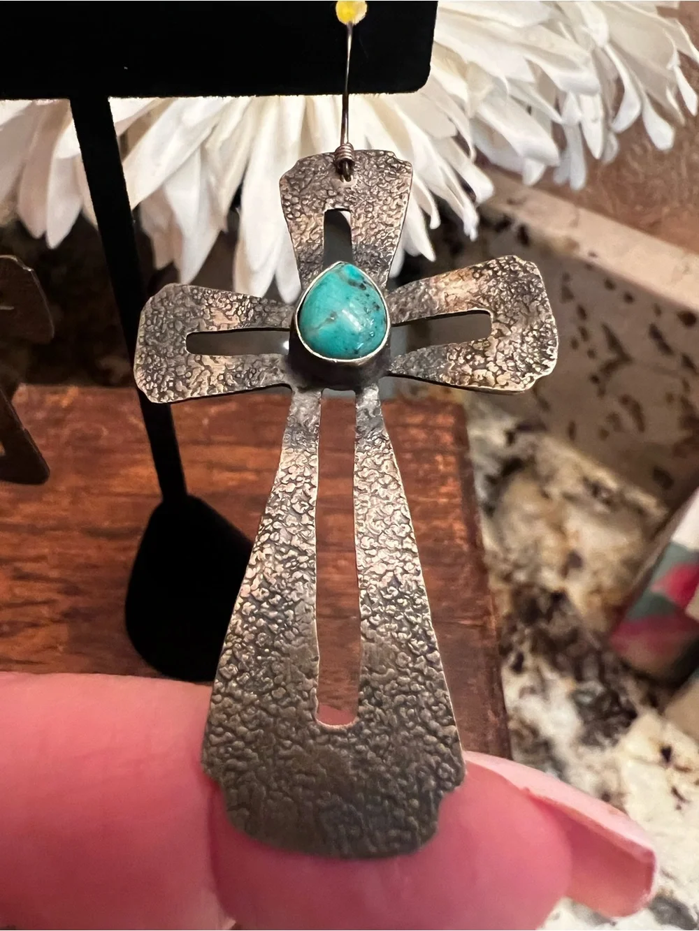 Sterling Silver Genuine Turquoise Cross Dangle Earrings | Hammered Oxidized